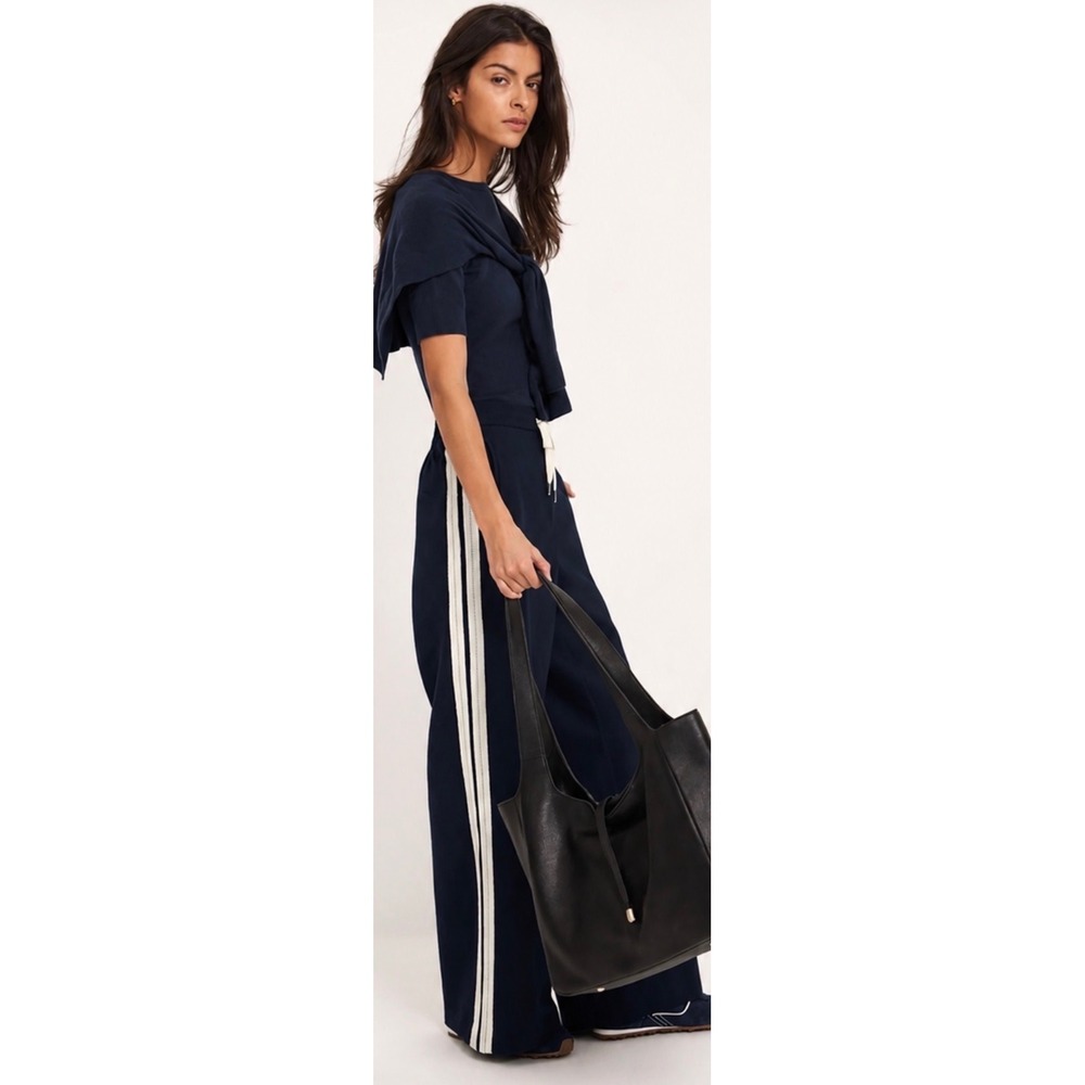 Mint Velvet Navy Wide Leg Side Stripe Drawstring Pant XL Athleisure quiet luxury